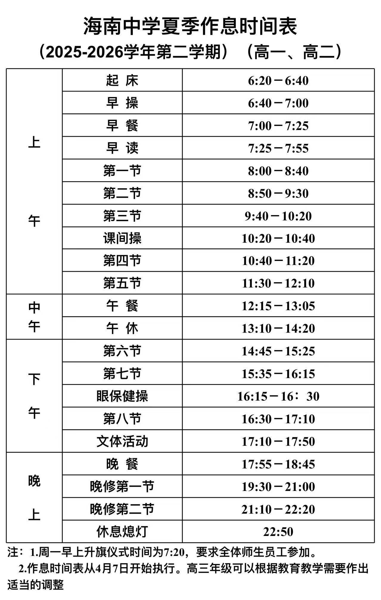 海南中学夏季作息时间表（2025-2026学年第二学期）